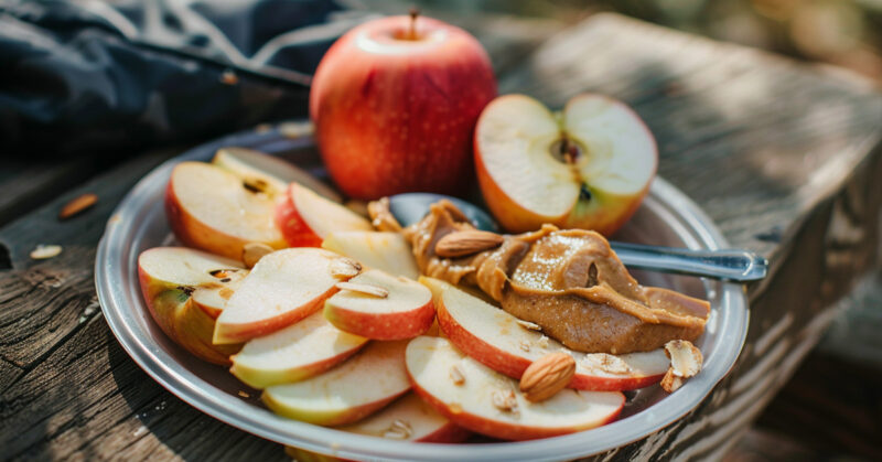Plate of apple slices and nut butter no-cook camping snack