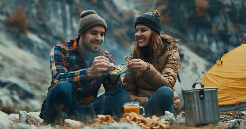 couple eating a no-cook camping breakfast