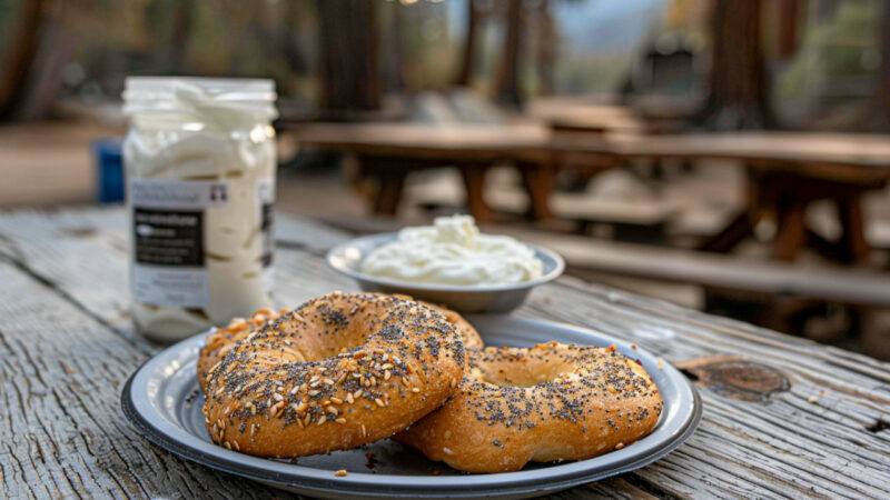 Bagels and cream cheese no-cook camping breakfast idea.