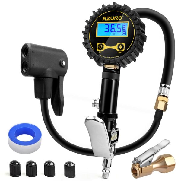 Dual head bike tire inflator for Presta and Schrader valves. 