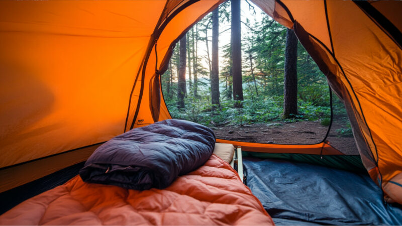 sleeping bag on a cot in a tent